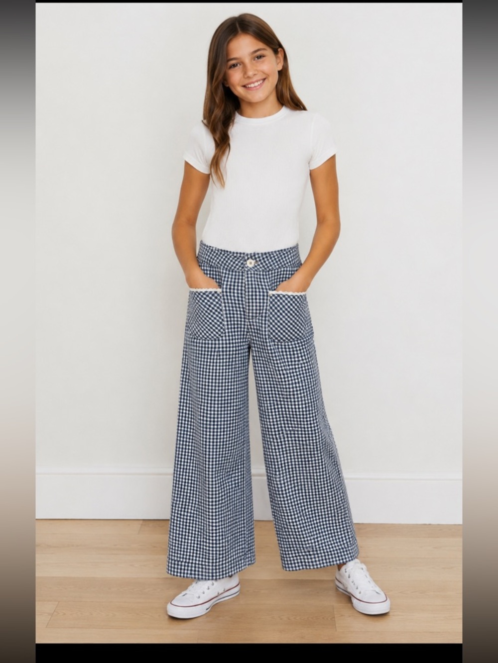 Zara Girls Gingham Wide Leg Pants Navy White Check Size 10